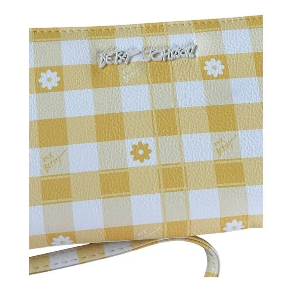 Betsy Johnson Yellow & White Gingham Floral Phone Zip Around Wristlet Wallet - Picture 2 of 6